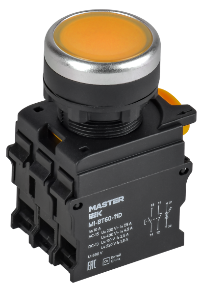 IEK Кнопка с подсветкой d=22мм 1NO+1NC жёлтая MASTER IEK, MI-BT60-11D-3-12-K05 IEK Кнопка с подсветкой d=22мм 1NO+1NC жёлтая MASTER IEK, MI-BT60-11D-3-12-K05