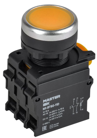 IEK Кнопка с подсветкой d=22мм 1NO+1NC жёлтая MASTER IEK, MI-BT60-11D-3-12-K05