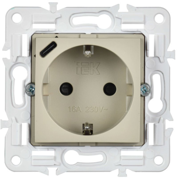 IEK SKANDY Розетка с заземлением с защитными шторками 16А с USB C 18Вт SK-R17B бежевый , SK-R14-16-U14-018-K10