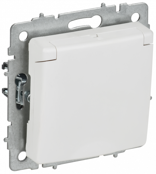 IEK BRITE Розетка 1-местная с заземлением с защитными шторками и крышкой 16А IP20 РСбш10-3-БрАБ арктический белый , BR-R16-16-K91