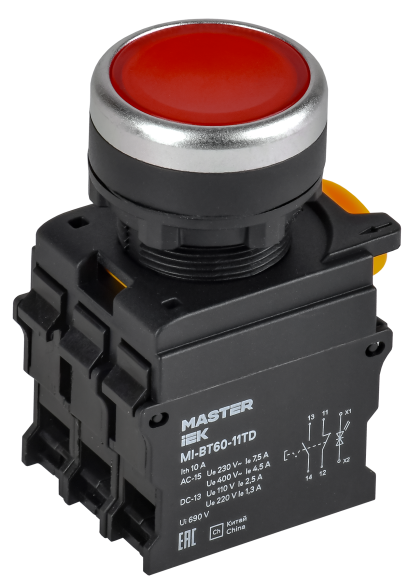 IEK Кнопка с подсветкой и фиксацией d=22мм 1NO+1NC красная MASTER IEK, MI-BT60-11TD-3-11-K04 IEK Кнопка с подсветкой и фиксацией d=22мм 1NO+1NC красная MASTER IEK, MI-BT60-11TD-3-11-K04