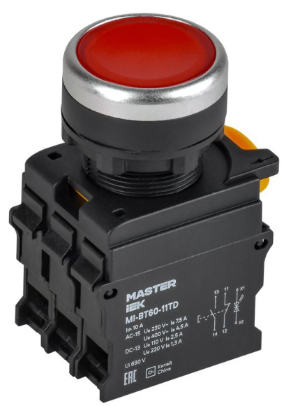 IEK Кнопка с подсветкой и фиксацией d=22мм 1NO+1NC красная MASTER IEK, MI-BT60-11TD-3-11-K04