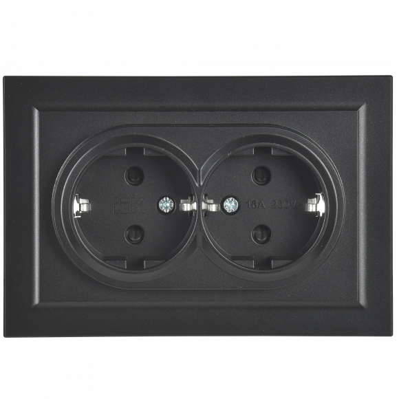 IEK BRITE Розетка 2-местная с заземлением с защитными шторками 16А в сборе РСш12-3-БрЧ черный , BR-R24-16-K02-F
