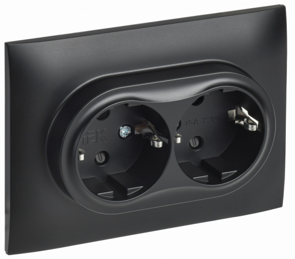 IEK SKANDY Розетка 2-местная с заземлением с защитными шторками 16А в сборе SK-R07Bl черный , SK-R24-16-K02-F