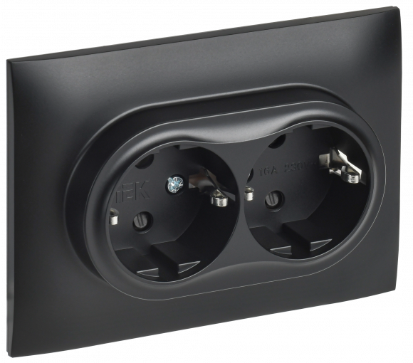 IEK SKANDY Розетка 2-местная с заземлением с защитными шторками 16А в сборе SK-R07Bl черный , SK-R24-16-K02-F