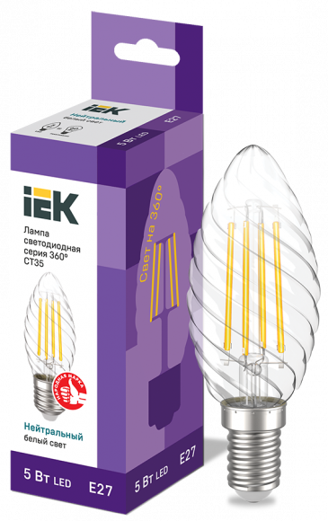 IEK Лампа светодиодная CT35 свеча витая прозрачная 5Вт 230В 4000К E27 серия 360° IEK, LLF-CT35-5-230-40-E27-CL