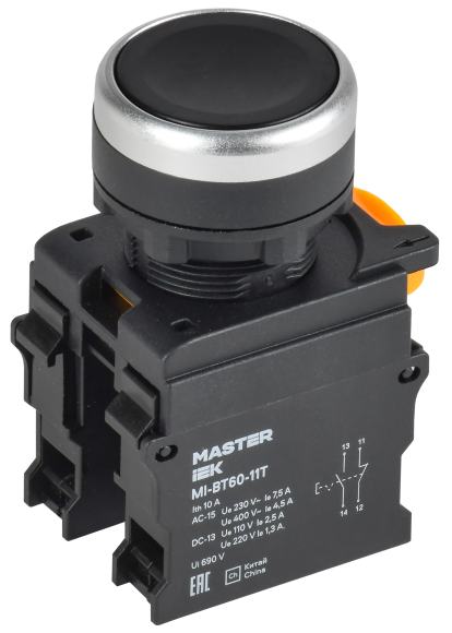 IEK Кнопка с фиксацией d=22мм 1NO+1NC чёрная MASTER IEK, MI-BT60-11T-3-21-K02 IEK Кнопка с фиксацией d=22мм 1NO+1NC чёрная MASTER IEK, MI-BT60-11T-3-21-K02