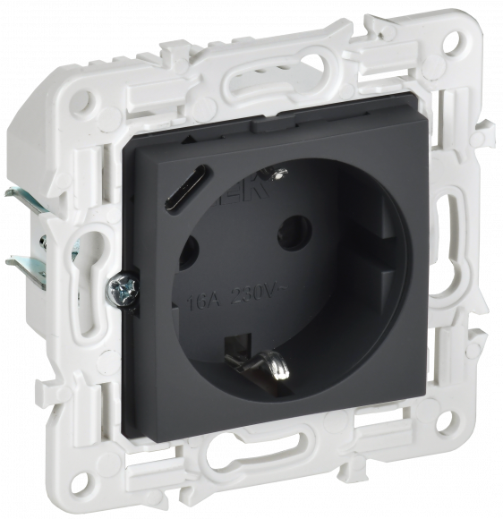 IEK SKANDY Розетка с заземлением с защитными шторками 16А с USB C 18Вт SK-R17G графит IEK, SK-R14-16-U14-018-K53