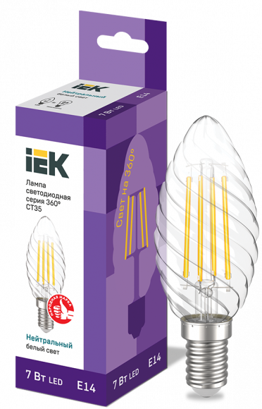 IEK Лампа светодиодная CT35 свеча витая прозрачная 7Вт 230В 4000К E14 серия 360° IEK, LLF-CT35-7-230-40-E14-CL