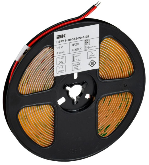IEK Лента светодиодная 5м COB 312LED/м 8Вт/м IP20 ширина 8мм 24В нейтральный белый IEK, LSR11-10-312-20-1-05