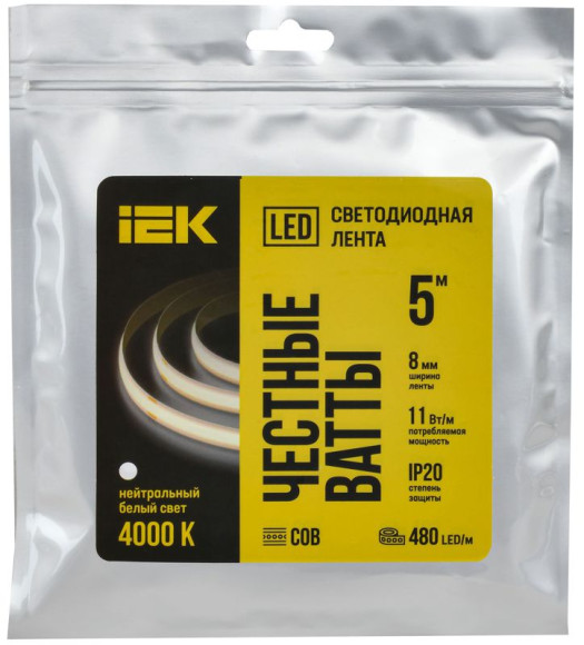 IEK Лента светодиодная 5м COB 312LED/м 8Вт/м IP20 ширина 8мм 24В нейтральный белый IEK, LSR11-10-312-20-1-05