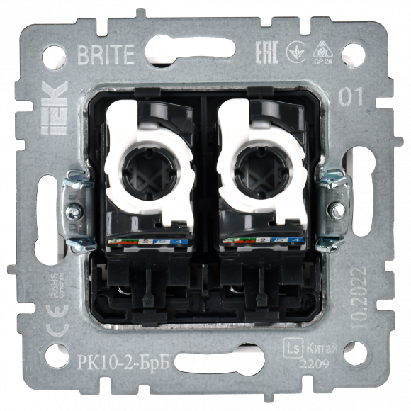 IEK BRITE Розетка компьютерная двойная кат.5E RJ45 РК10-2-БрБ белый , BR-K20-1-K01