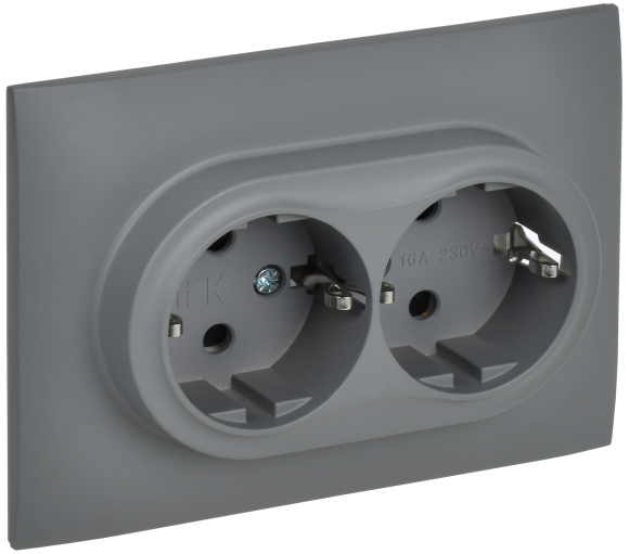 IEK SKANDY Розетка 2-местная с заземлением с защитными шторками 16А в сборе SK-R07Gr серый , SK-R24-16-K03-F