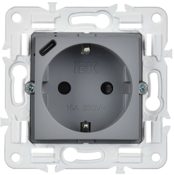 IEK SKANDY Розетка с заземлением с защитными шторками 16А с USB C 18Вт SK-R17Gr серый , SK-R14-16-U14-018-K03 IEK SKANDY Розетка с заземлением с защитными шторками 16А с USB C 18Вт SK-R17Gr серый , SK-R14-16-U14-018-K03