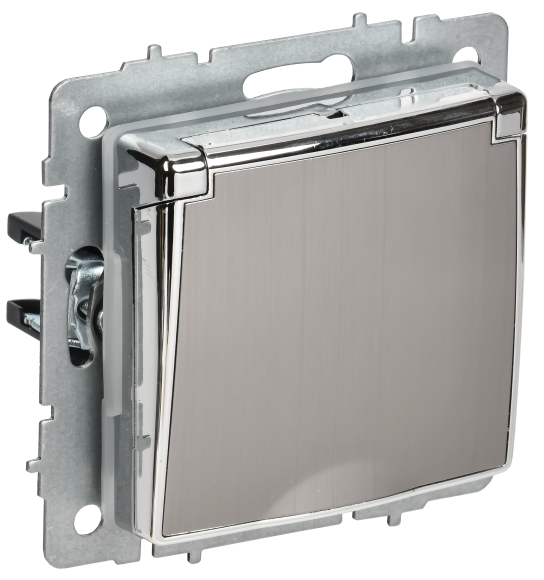 IEK BRITE Розетка 1-местная с заземлением с защитными шторками и крышкой 16А IP44 РСбш10-3-44-БрГН металл хром/никель IEK, BR-R16-16-44-M-K23