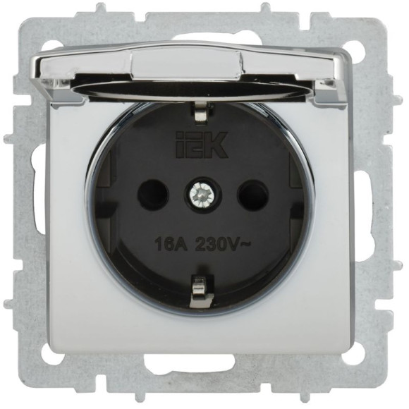 IEK BRITE Розетка 1-местная с заземлением с защитными шторками и крышкой 16А IP44 РСбш10-3-44-БрГН металл хром/никель IEK, BR-R16-16-44-M-K23