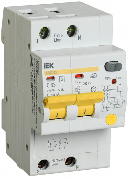 IEK KARAT Дифференциальный автомат АД12MS 2P 63А 100мА тип A IEK, MAD123-2-063-C-100