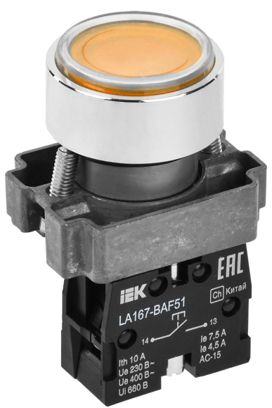IEK Кнопка управления LA167-BAF51 d=22мм 1NO желтая IEK, BBT20-BAF51-1-22-67-K05