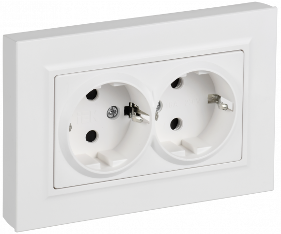 IEK BRITE Розетка 2-местная с заземлением с защитными шторками плоская 16А в сборе РСшПл12-3-БрАБ арктический белый , BR-R28-16-K91-F