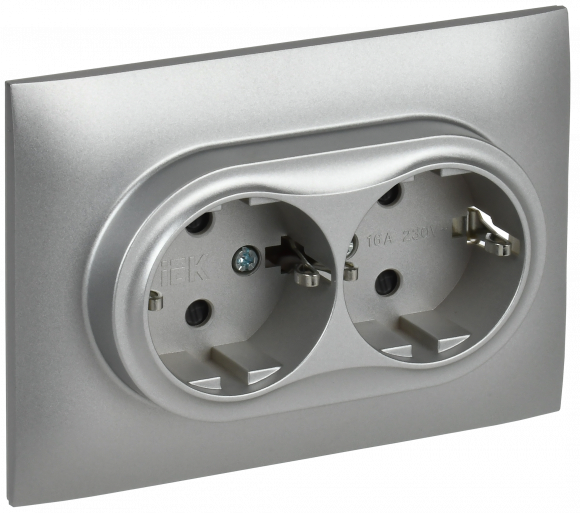 IEK SKANDY Розетка 2-местная с заземлением с защитными шторками 16А в сборе SK-R07S серебряный , SK-R24-16-K23-F