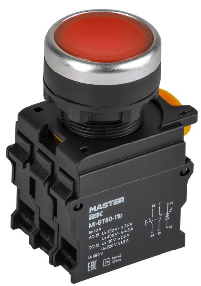 IEK Кнопка с подсветкой d=22мм 1NO+1NC красная MASTER IEK, MI-BT60-11D-3-12-K04