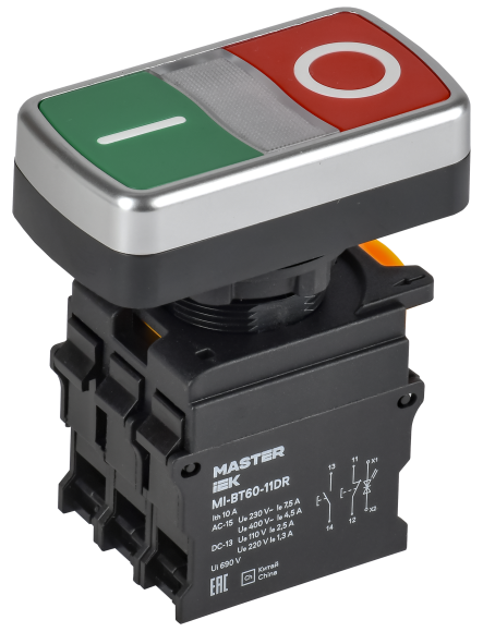 IEK Кнопка "I-O" с подсветкой d=22мм 1NO+1NC MASTER IEK, MI-BT60-11DR-3-11-K51
