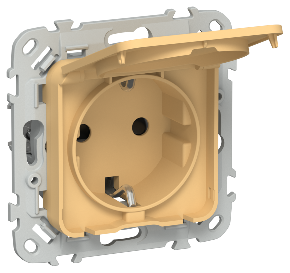 IEK FLITE Розетка с заземлением с защитными шторками и крышкой безвинтовое крепление 16А IP44 РСшкр11-1-44-ФлЗ золотарник IEK, FI-R16-16-1-44-K90