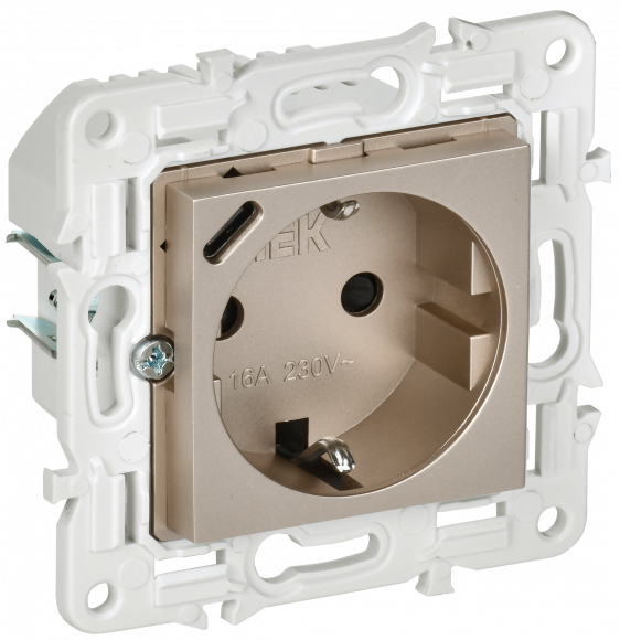 IEK SKANDY Розетка с заземлением с защитными шторками 16А с USB C 18Вт SK-R17Sh шампань IEK, SK-R14-16-U14-018-K37