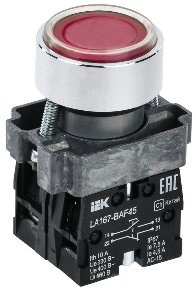 IEK Кнопка управления LA167-BAF45 d=22мм 1NO+1NC красная IEK, BBT20-BAF45-3-22-67-K04