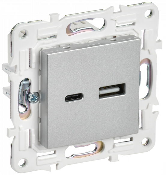 IEK SKANDY Розетка USB A+C 18Вт SK-R13S серебряный IEK, SK-U22-018-K23