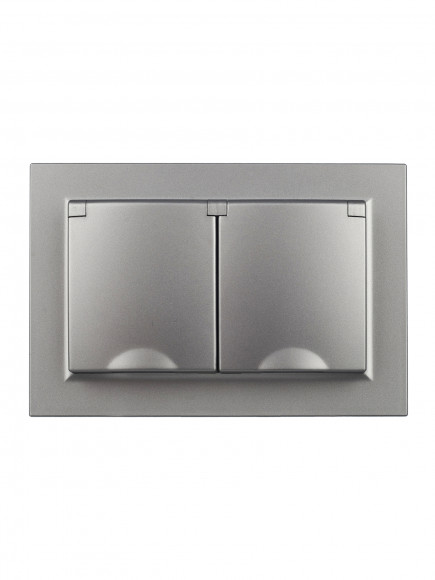 IEK BRITE Розетка 2-местная с заземлением с защитными шторками и крышкой 16А в сборе IP44 РСбш12-3-44-БрС сталь , BR-R26-16-44-K46-F