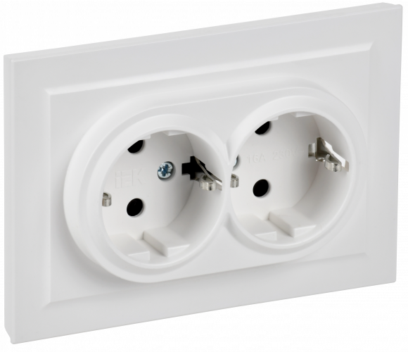 IEK BRITE Розетка 2-местная с заземлением с защитными шторками 16А в сборе РСш12-3-БрАБ арктический белый , BR-R24-16-K91-F