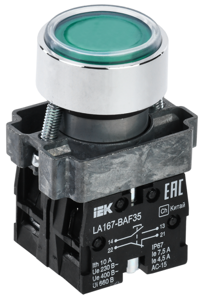 IEK Кнопка управления LA167-BAF35 d=22мм 1NO+1NC зеленая IEK, BBT20-BAF35-3-22-67-K06 IEK Кнопка управления LA167-BAF35 d=22мм 1NO+1NC зеленая IEK, BBT20-BAF35-3-22-67-K06