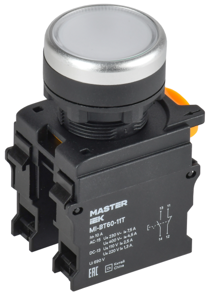 IEK Кнопка с фиксацией d=22мм 1NO+1NC белая MASTER IEK, MI-BT60-11T-3-21-K01