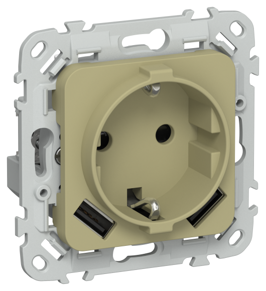 IEK FLITE Розетка 1-местная с заземлением с защитными шторками 16А с USB A+A 3,1А РСЮша11-0-ФлО оливковый IEK, FI-R14-16-U21-D31-K26