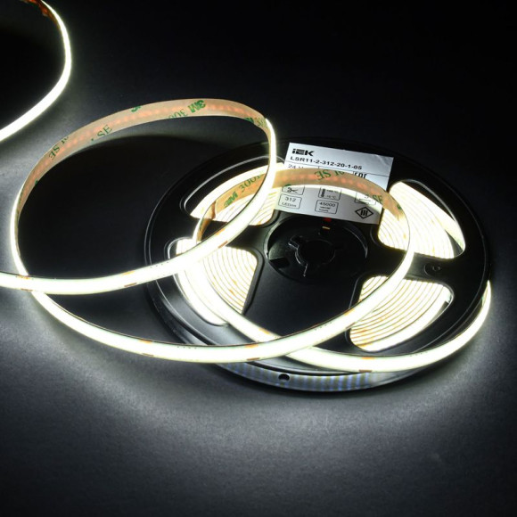 IEK Лента светодиодная 5м COB 312LED/м 8Вт/м IP20 ширина 8мм 24В холодный белый IEK, LSR11-2-312-20-1-05