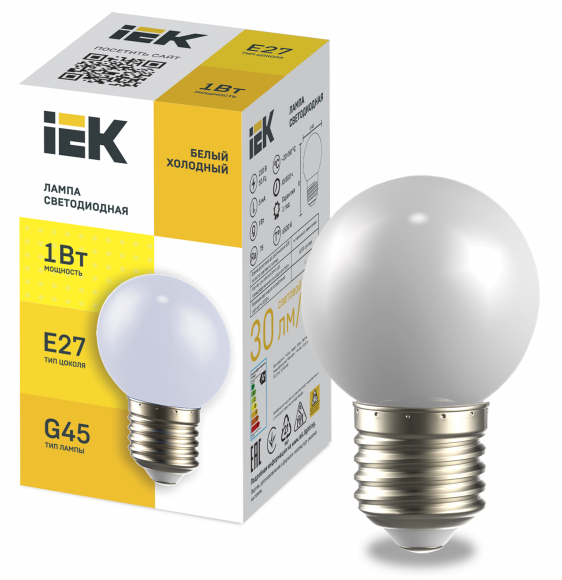 IEK LIGHTING Лампа светодиодная декоративная G45 шар 1Вт 230В холодный белый E27 IEK, LLE-G45-1-230-W-E27