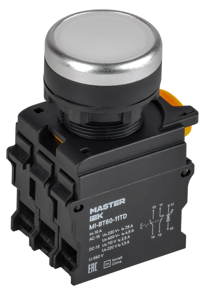 IEK Кнопка с подсветкой и фиксацией d=22мм 1NO+1NC белая MASTER IEK, MI-BT60-11TD-3-11-K01 IEK Кнопка с подсветкой и фиксацией d=22мм 1NO+1NC белая MASTER IEK, MI-BT60-11TD-3-11-K01