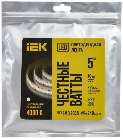 IEK Лента светодиодная 5м SMD2835 240LED/м 22Вт/м IP20 ширина 10мм 24В нейтральный белый IEK, LSR6-10-240-20-1-05 IEK Лента светодиодная 5м SMD2835 240LED/м 22Вт/м IP20 ширина 10мм 24В нейтральный белый IEK, LSR6-10-240-20-1-05