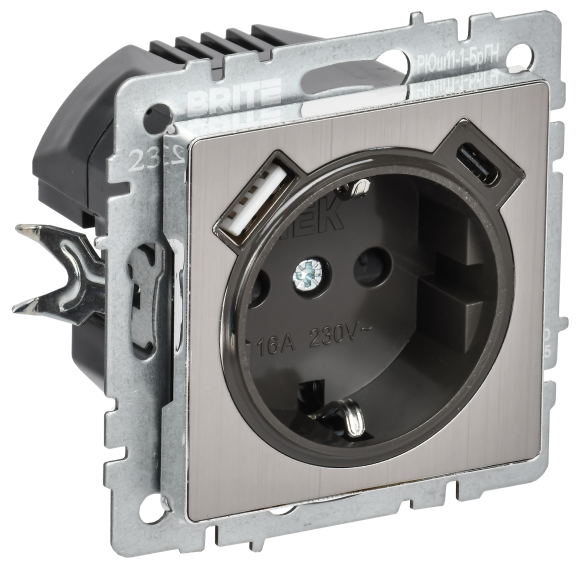IEK BRITE Розетка 1-местная с заземлением с защитными шторками 16А с USB A+C 18Вт РЮш11-1-БрГН металл хром/никель IEK, BR-R14-16-U22-018-M-K23