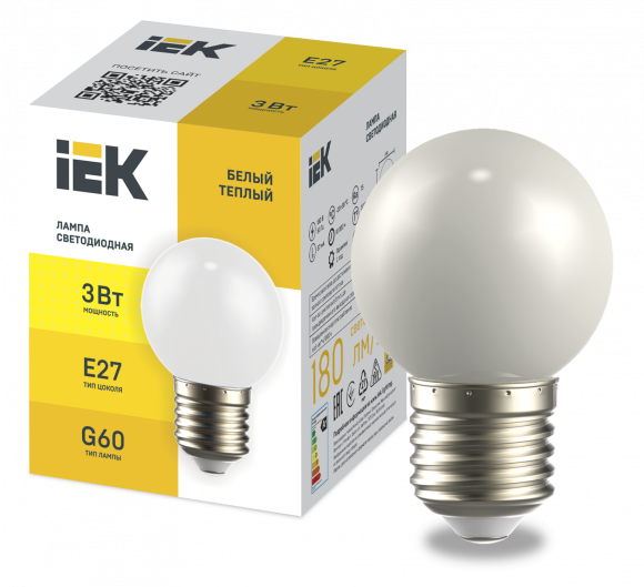 IEK LIGHTING Лампа светодиодная декоративная G60 шар 3Вт 230В теплый белый E27 IEK, LLE-G60-3-230-WW-E27