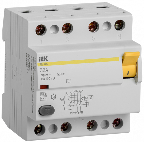 IEK Выключатель дифференциальный (УЗО) ВД1-63S 4Р 32А 100мА IEK, MDV12-4-032-100