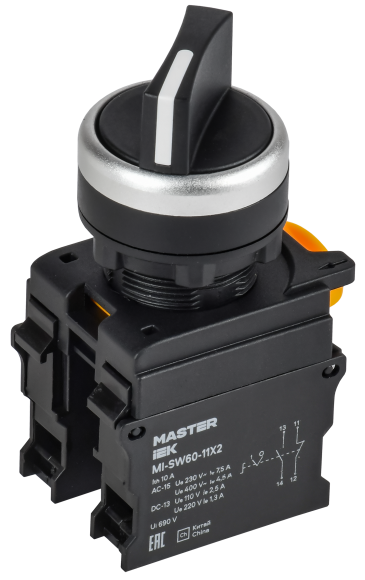 IEK Переключатель на 2 положения 1NO+1NC чёрный MASTER IEK, MI-SW60-11X2-3-24-2-K02