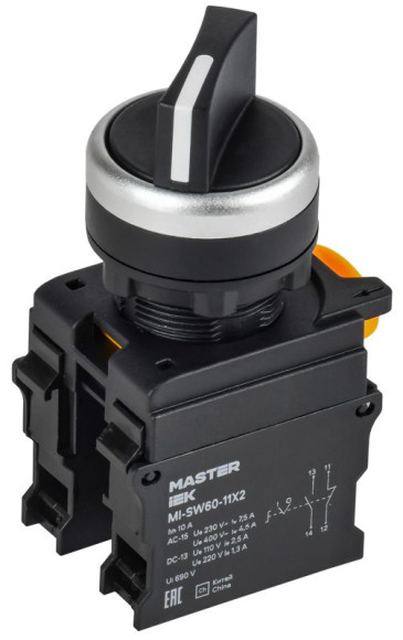 IEK Переключатель на 2 положения 1NO+1NC чёрный MASTER IEK, MI-SW60-11X2-3-24-2-K02