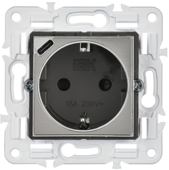 IEK SKANDY Розетка с заземлением с защитными шторками 16А с USB C 18Вт SK-R17N металл никель , SK-R14-16-U14-018-K50