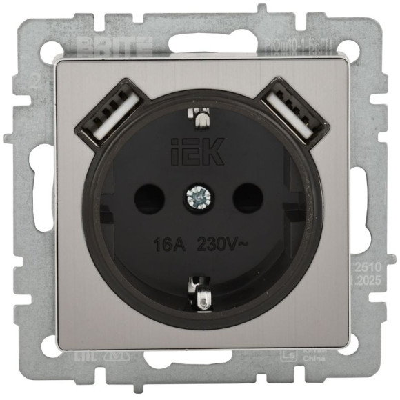 IEK BRITE Розетка 1-местная с заземлением с защитными шторками 16А с USB A+A 5В 2,1А РЮш10-1-БрГН металл хром/никель IEK, BR-R14-16-U21-D21-M-K23 IEK BRITE Розетка 1-местная с заземлением с защитными шторками 16А с USB A+A 5В 2,1А РЮш10-1-БрГН металл хром/никель IEK, BR-R14-16-U21-D21-M-K23