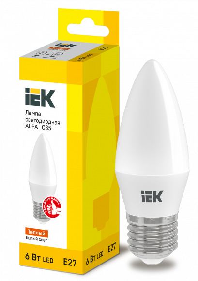 IEK Лампа светодиодная ALFA C35 свеча 6Вт 230В 3000К E27 IEK, LLA-C35-6-230-30-E27
